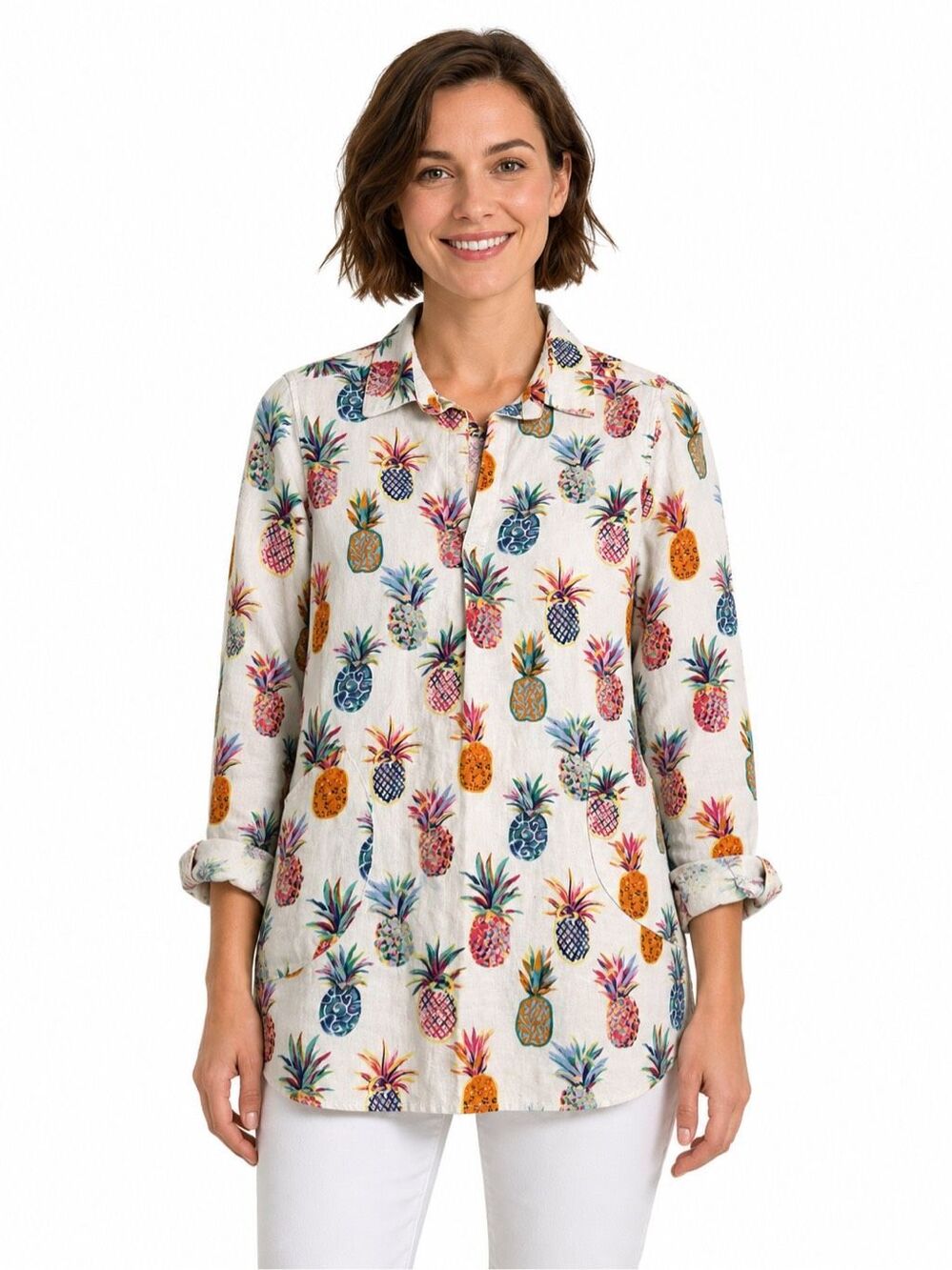 Sigrid Olsen Linen Pineapple Print Tunic Top Blouse Size Small
